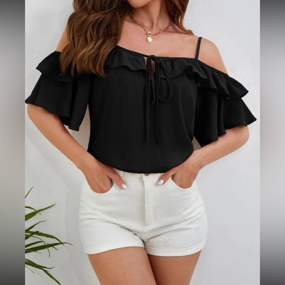 Boho cold shoulder knot front ruffle hem blouse - Picture 7 of 16